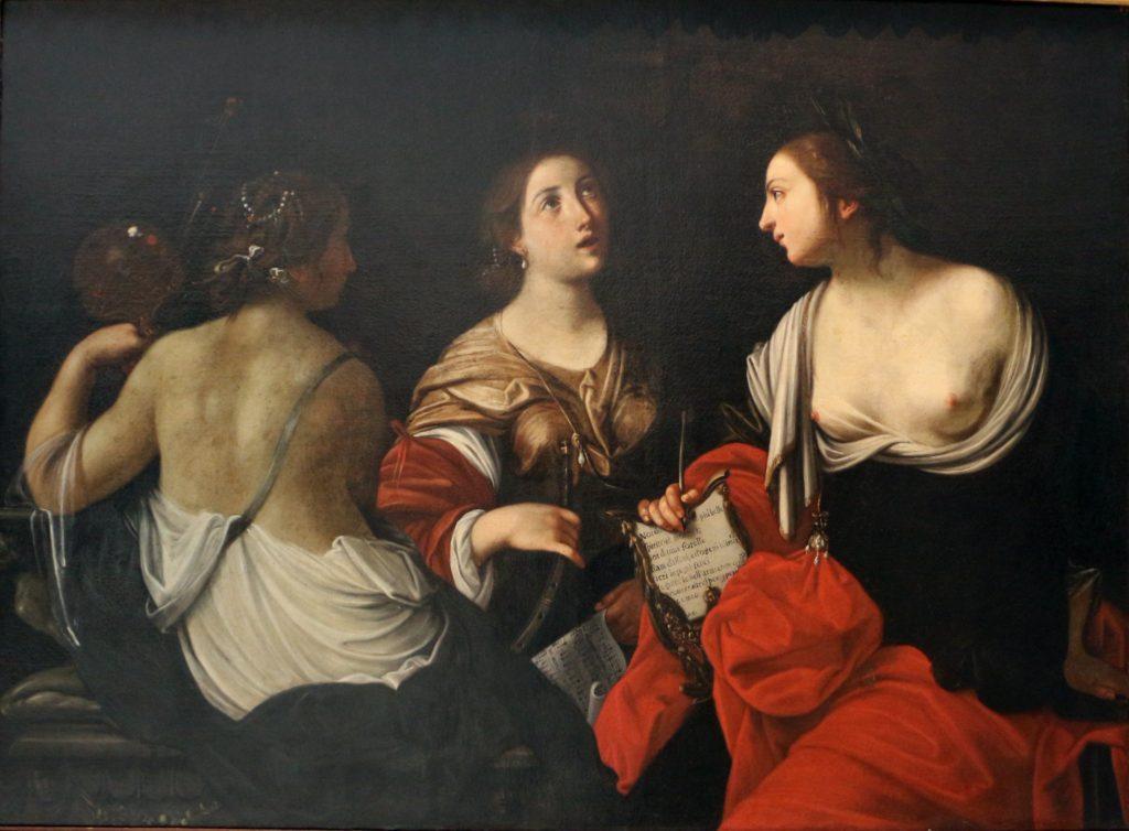 Three women in classical clothing sit talking, each holding things representing different arts (musical instrument, pen and paper, paintbrush).